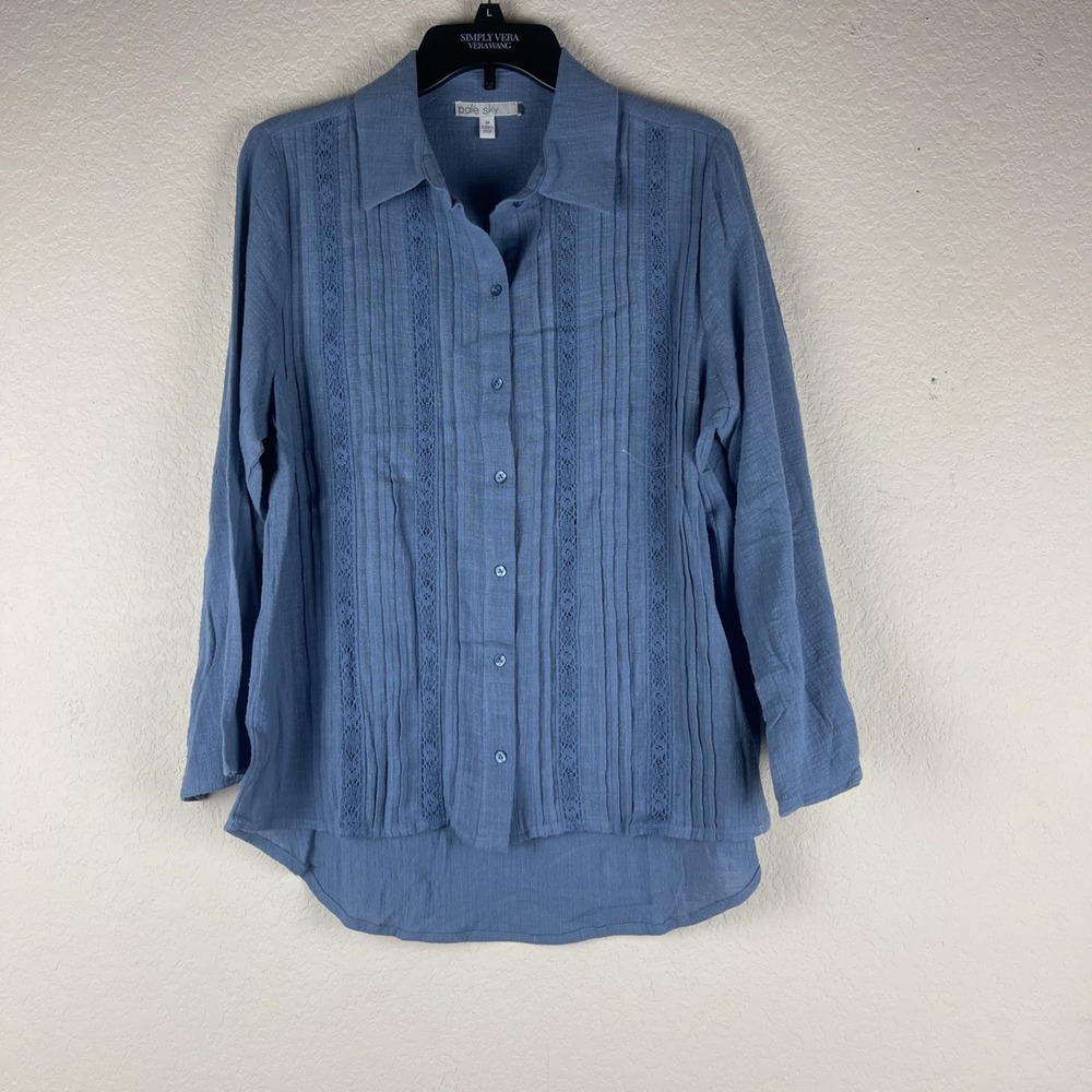 Pale Sky Women's Medium Blue Lace Pintuck Button-Up Long Sleeve Blouse NWOT